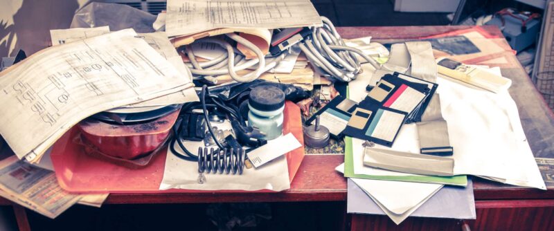 cluttered desk that is awaiting being cleaned off