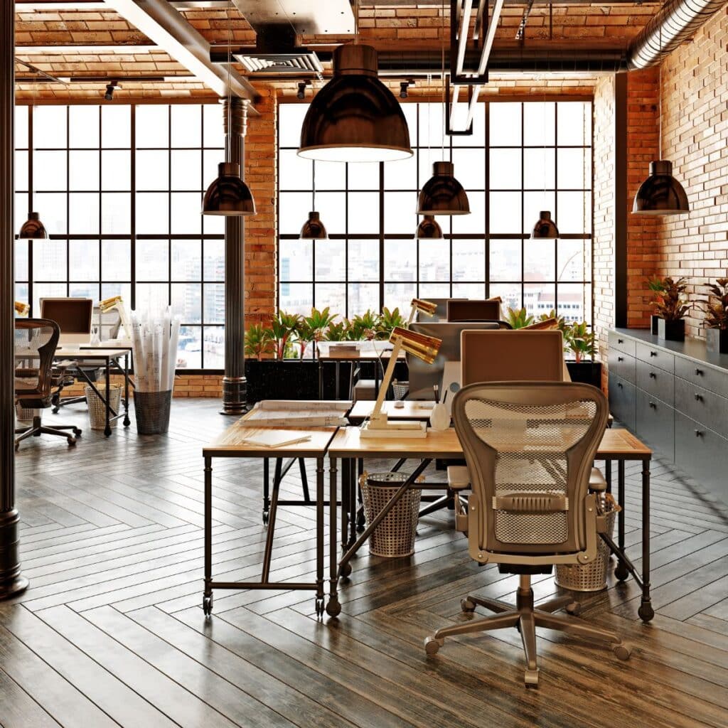 A modern industrial-style office space with brick walls, large windows, and organized desks